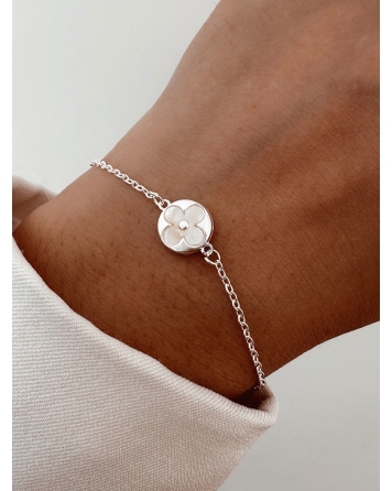 ( P869 ) Pulsera con Flor de nacar Acero Blanco