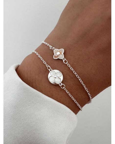 ( P870 ) Pulsera con Flor de nacar Acero Blanco