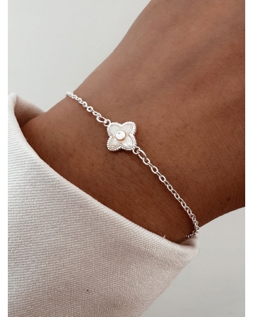 ( P870 ) Pulsera con Flor de nacar Acero Blanco